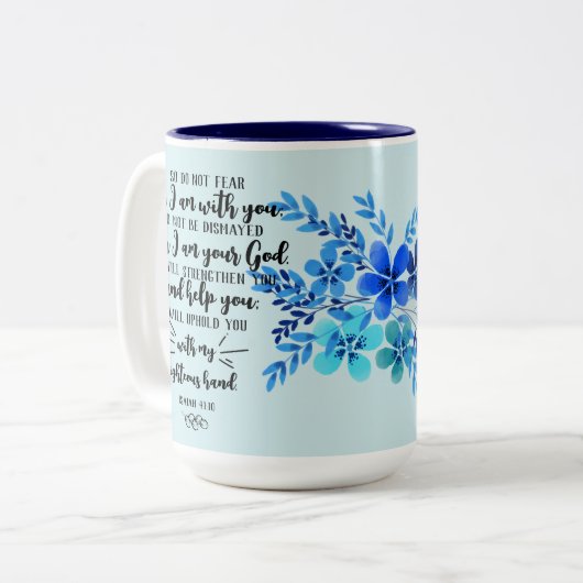 Gottes Versprechen für eure jeden Bedarf - Isa. 41 Zweifarbige Tasse (Vorderseite Links)