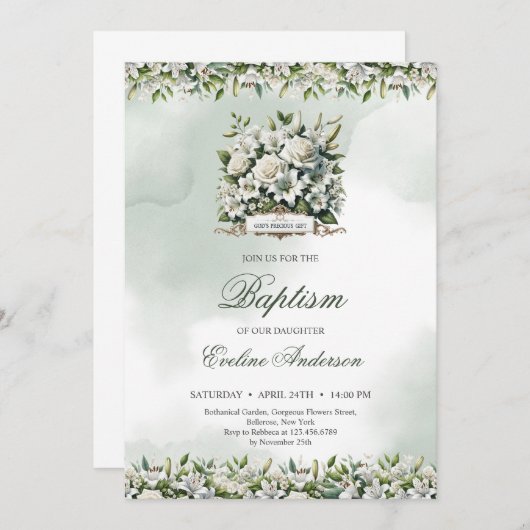 Gottes wertvolles Geschenk Grün und Goldtaufe Einladung (Vorne/Hinten)