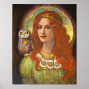 Göttin Athene, Frau u. Eulenphantasiekunst Plakat