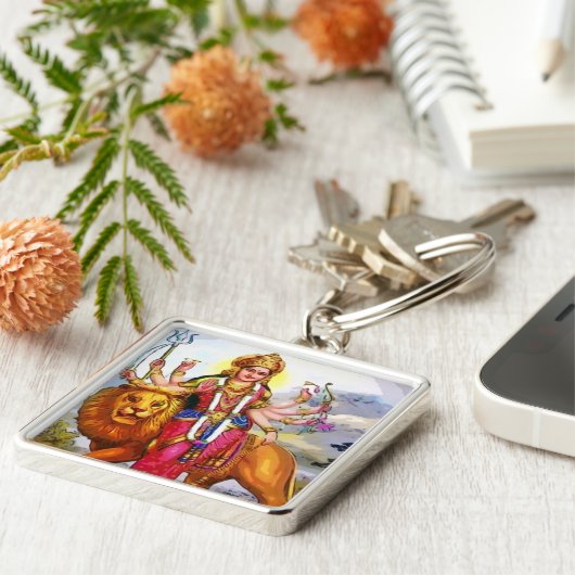 Göttin Durga mit Löwe-Malerei Schlüsselanhänger (Seite)