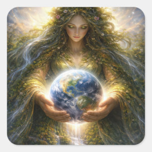Göttin Gaia hält den Planeten Erde sanft Quadratischer Aufkleber