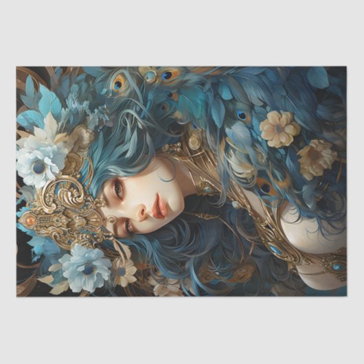 Göttin mit Pfauenhütte Jugendstil Seidenpapier (Vorderseite)