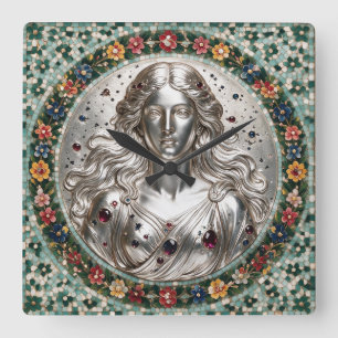 Göttin Nyx Florales Mosaik Quadratische Wanduhr