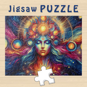 Göttinnenkopf Gold rund Planeten im Haar Dezember Puzzle