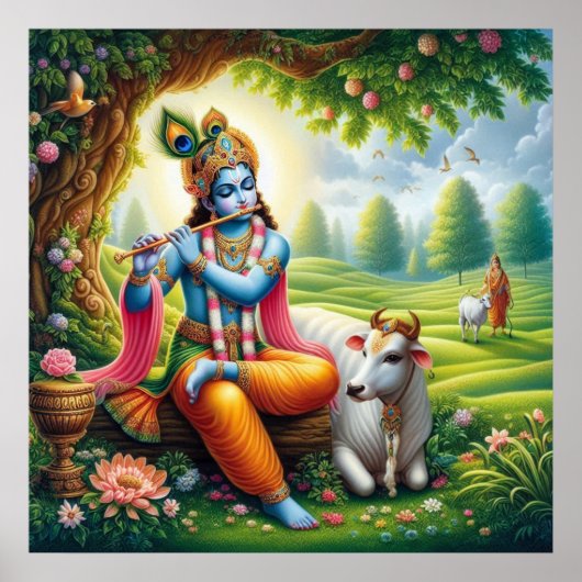 Göttliche Blaue Krishna-Flöten-Kunst Poster (Vorne)