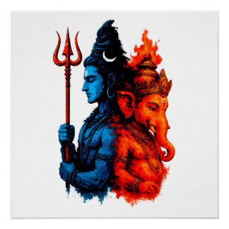 Göttliche Dualität: Blaues Shiva & Ganesha T-Shirt Poster