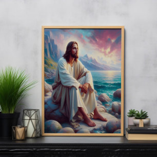 Göttliche Heiligkeit Jesus an der Ozeanküste Poster