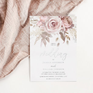 Göttliche Silberfolie und rosa florale Hochzeit Folieneinladung