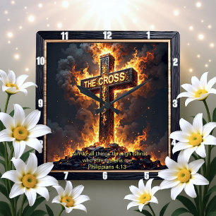 Göttliche Stärke Das Kreuz Philipper 4:13 Vers Quadratische Wanduhr