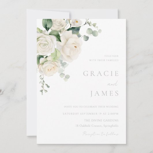 Göttliche Weiße Rosen Hochzeit Einladung (Vorderseite)