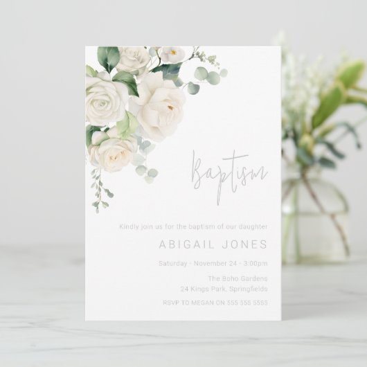 Göttliche weiße Rosen & Sage Taufe Einladung (Stehend Vorderseite)