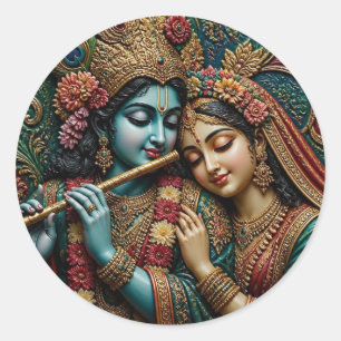 Göttlicher Krishna und Radha Traditionelle Kunst Runder Aufkleber