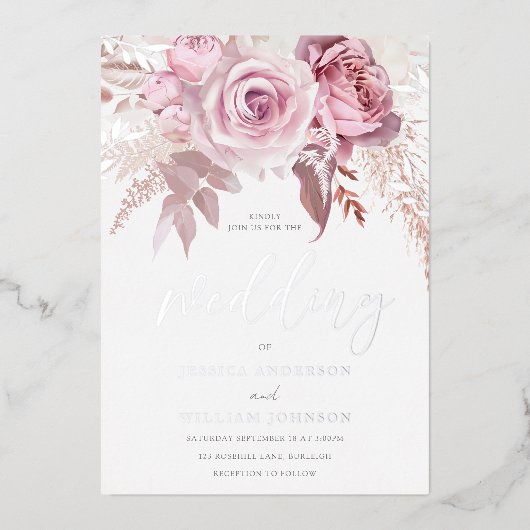 Göttliches Rosa und Silber Moderne Blumenhochzeit Folieneinladung (Vorderseite)