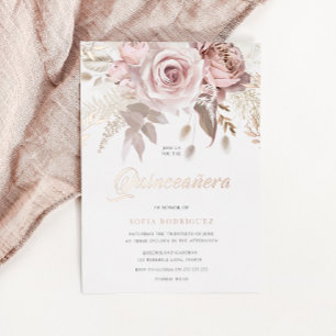 Göttliches Rosen-Gold-Rouge Floral Quinceanera Folieneinladung