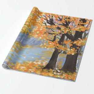 Gouache Herbstlandschaft. Goldener Fall im leeren Geschenkpapier