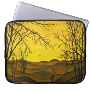 Gouache Malerei: gelber Himmel, braun. Laptopschutzhülle