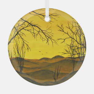 Gouache Malerei: gelber Himmel, braun. Ornament Aus Glas