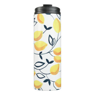 Gouache nahtloses Muster mit gelben Zitronen und l Thermosbecher
