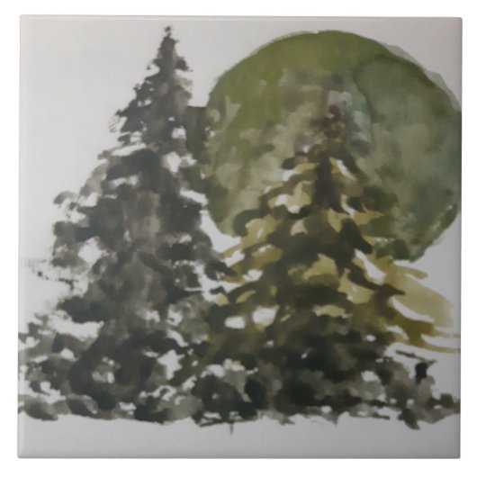 Gouache Pine Trees vor der Sonnenlandschaft Fliese (Vorderseite)