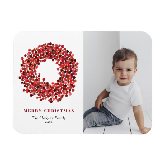 Gouache Red Winterberry Wreath Foto Weihnachten Magnet (Horizontal)