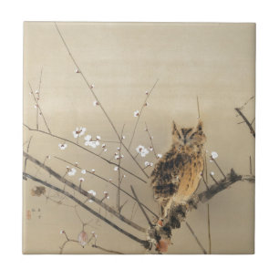 Goun Owl und frühe Pflaumenblüten Holzschnitt Fliese
