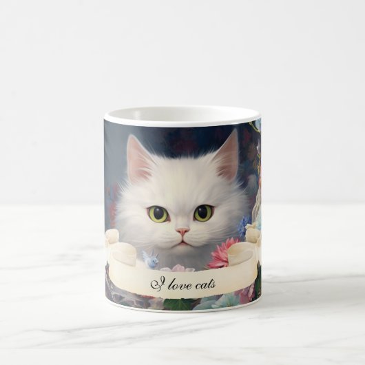 Gourmet Weiße Katze und Blume Girl Custom Tasse (Mittel)