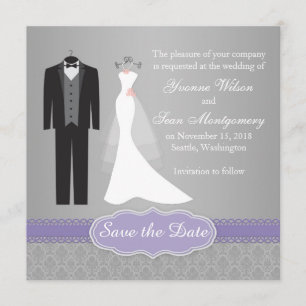 Gown, tuxedo auf grauem Save the Date Einladung