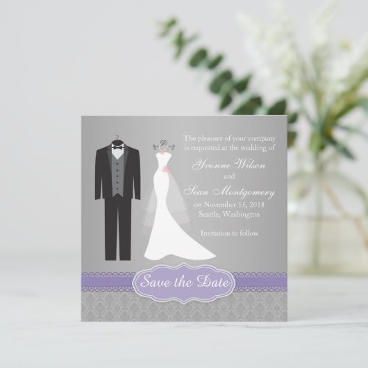 Gown, tuxedo auf grauem Save the Date Einladung (Stehend Vorderseite)