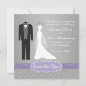 Gown, tuxedo auf grauem Save the Date Einladung (Vorderseite)