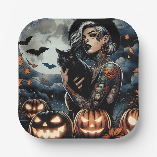 Grab a Broom | Hexen-Themed-Halloween-Party Pappteller (Vorderseite)