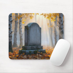 Grabstein auf einem nebligen Herbstfriedhof Mousepad