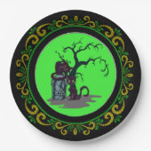 Grabstein-Blumenkatzenbaum Halloween Pappteller (Vorderseite)
