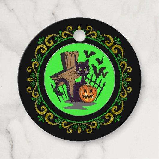 Grabstein der gelben grünen Katze Halloween Geschenkanhänger (Vorderseite)