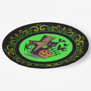 Grabstein der gelben grünen Katze Halloween Pappteller