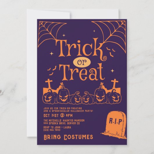 Grabstein Pumpkin Trick oder Treat Halloween-Party Einladung (Vorderseite)