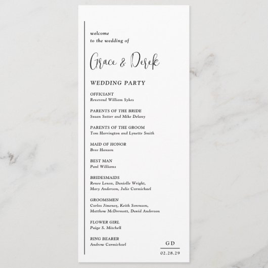 Grace Black and White Modern Wedding Programm (Vorderseite)