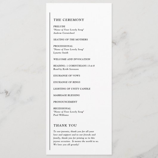 Grace Black and White Modern Wedding Programm (Rückseite)