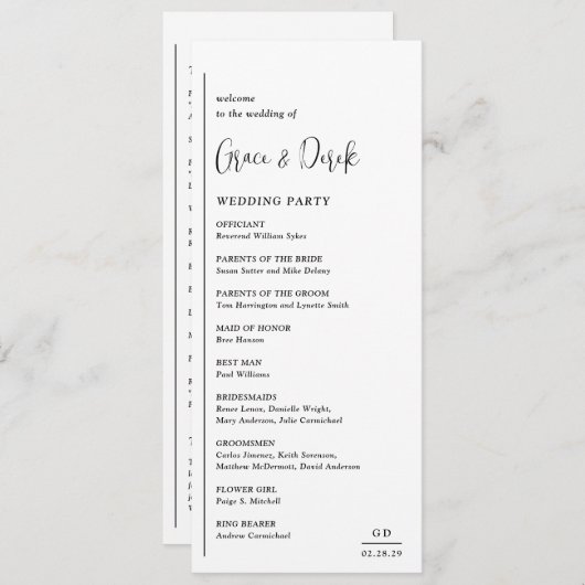 Grace Black and White Modern Wedding Programm (Vorne/Hinten)