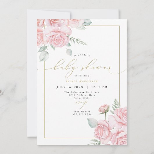 GRACE Blush Bloral and Gold Girl Baby Dusche Einladung (Vorderseite)