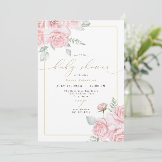 GRACE Blush Bloral and Gold Girl Baby Dusche Einladung (Stehend Vorderseite)