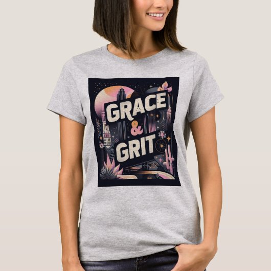 Grace & Grit Moderner Schwarzer Rosa Typo T-Shirt (Vorderseite)
