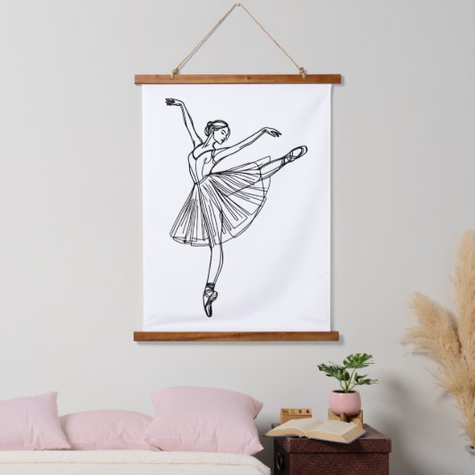 Grace in Motion - Ballerina Line Art Wandteppich Mit Holzrahmen (Schlafzimmer)