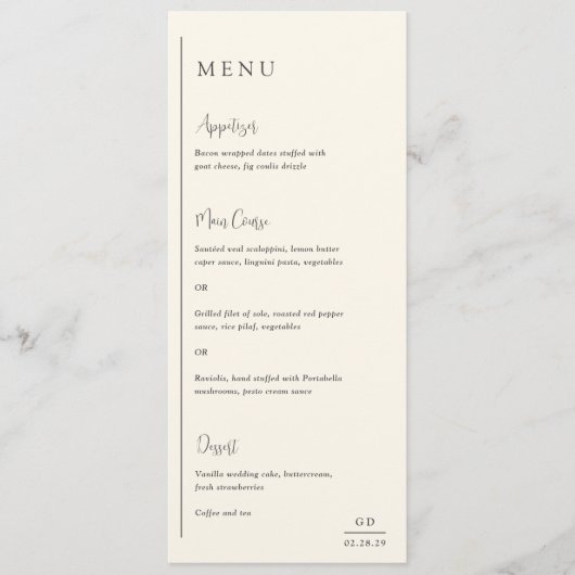 Grace Ivory Moderne Hochzeit Menükarte (Vorderseite)