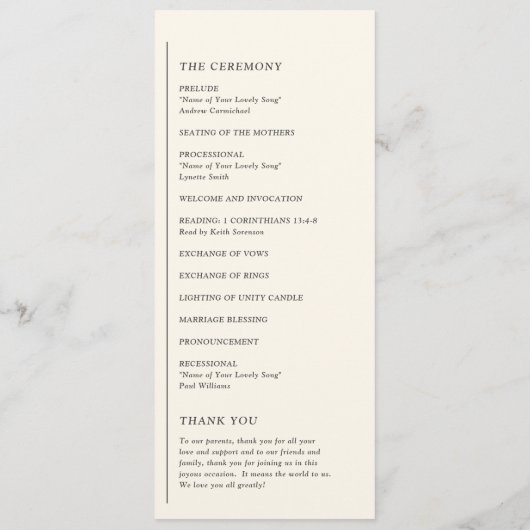 Grace Ivory Moderne Hochzeit Programm (Rückseite)