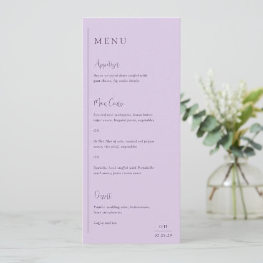 Grace Lilac Moderne Hochzeit Menükarte (Stehend Vorderseite)