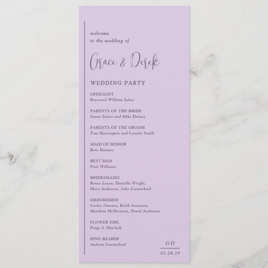 Grace Lilac Moderne Hochzeit Programm (Vorderseite)