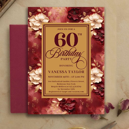 Graceful 60 Birthday Merlot Blush Gold Invitation Einladung