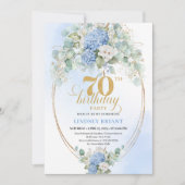 Graceful 70th Birthday Blue Hydrangea Gold Invite Einladung (Vorderseite)