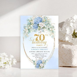 Graceful 70th Birthday Blue Hydrangea Gold Invite Einladung