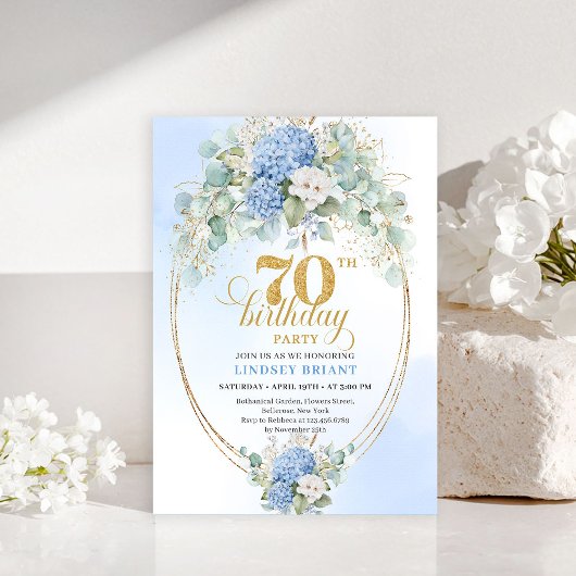 Graceful 70th Birthday Blue Hydrangea Gold Invite Einladung